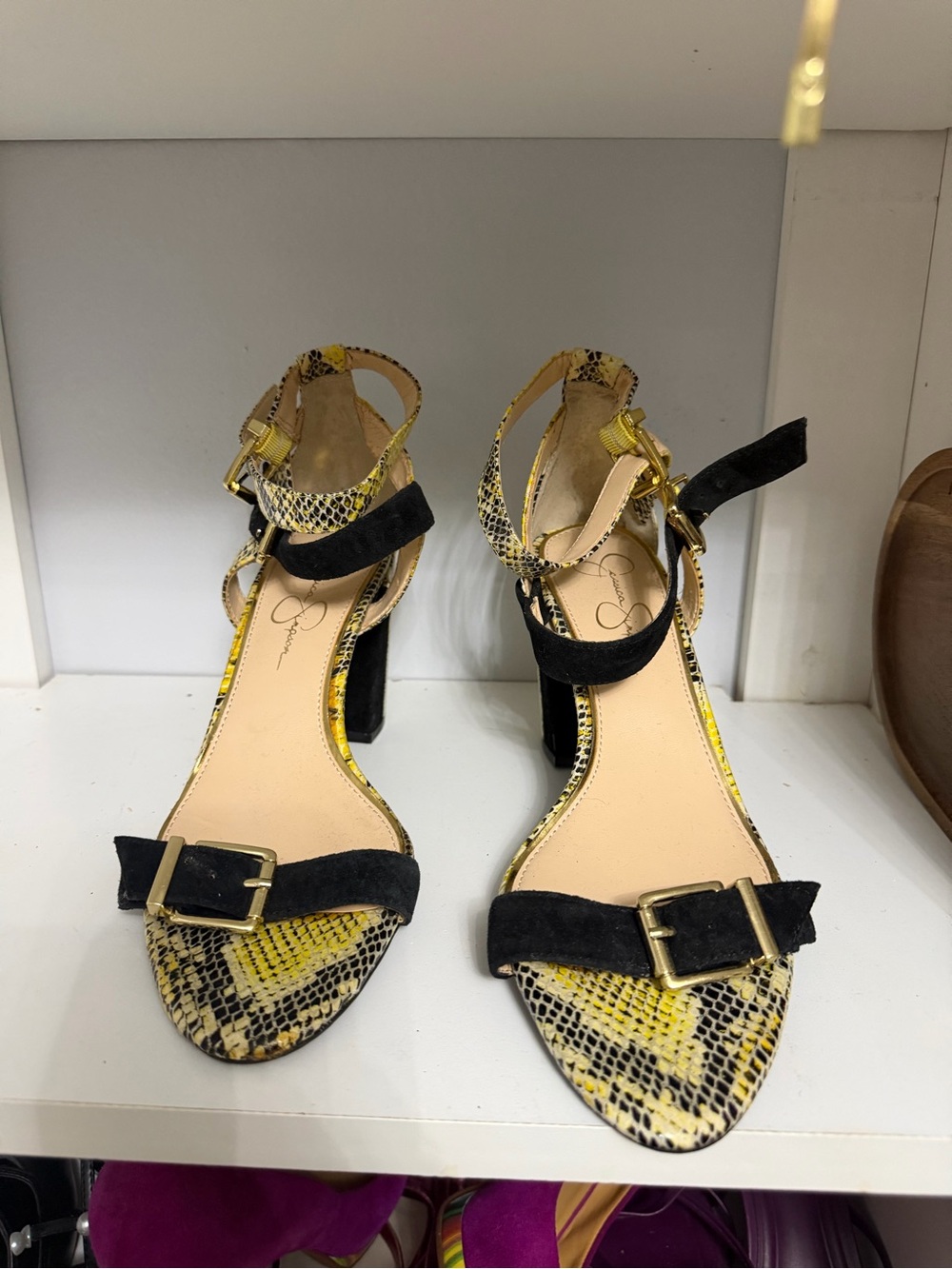 Jessica Simpson Yellow Snake-Print and Black Suede Block Heels